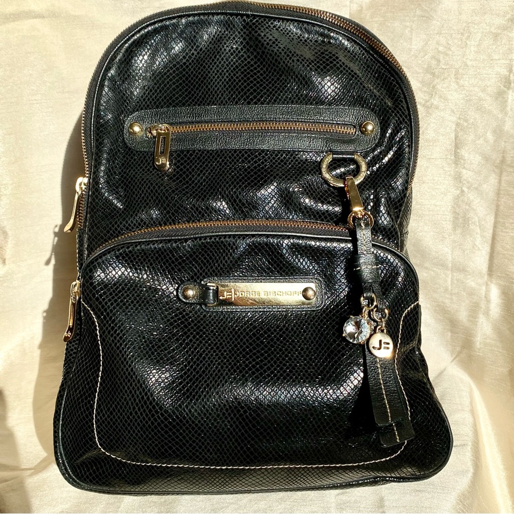 Jorge Bischoff Black Embossed Backpack with Gold hardware 100% leather